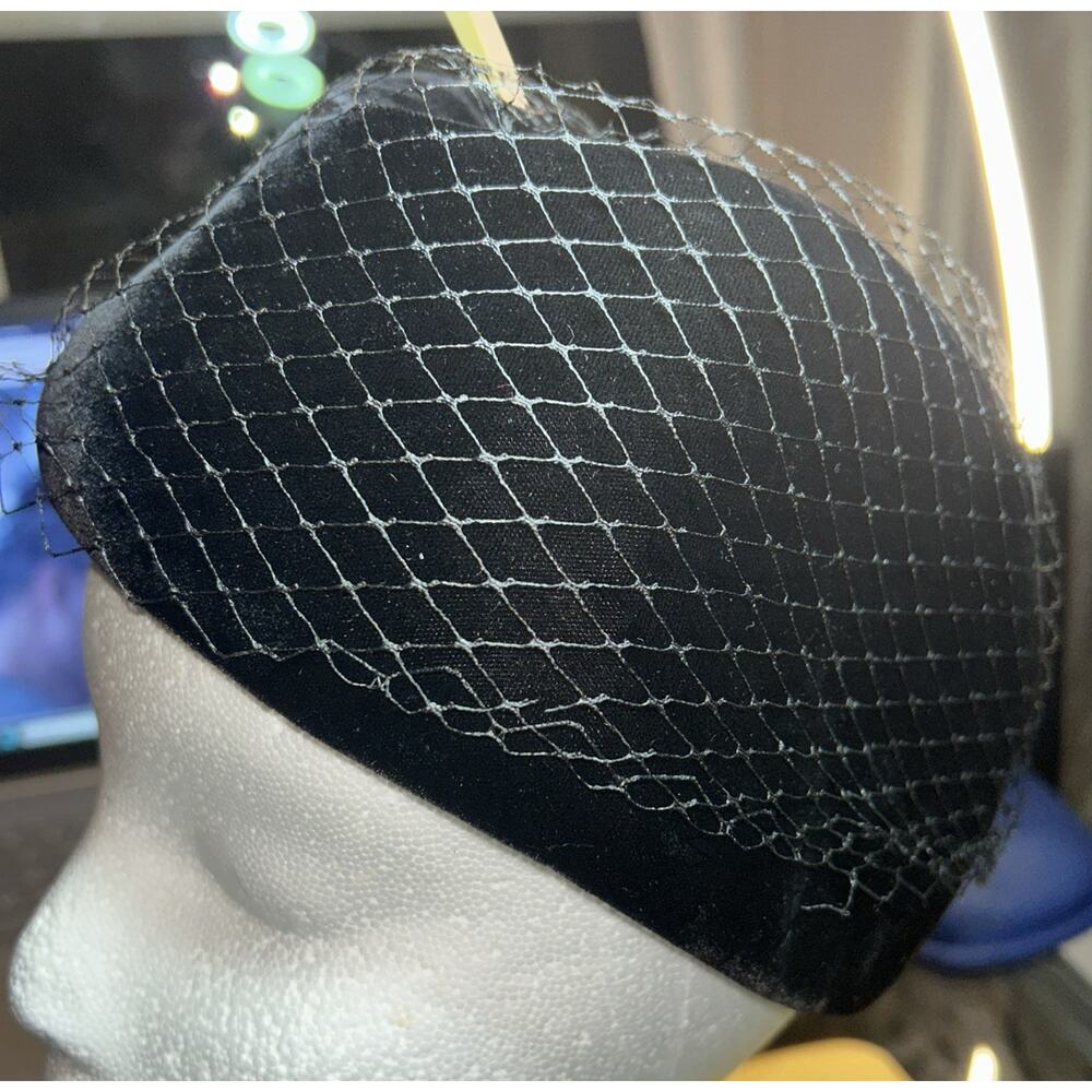 Vintage Black Velvet Pillbox Hat with Birdcage Veil Made 1950s 1960s